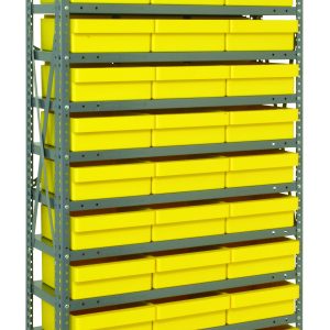 The Quantum Shelving Unit, measuring 12D x 36L x 75H, has a heavy-duty frame that holds up to 400 lbs per shelf. It includes 13 shelves and comes with 36 yellow and black QED801 bins (11-5/8L x 11-1/8W x 4-5/8H), creating an efficient storage solution with sturdiness and style.