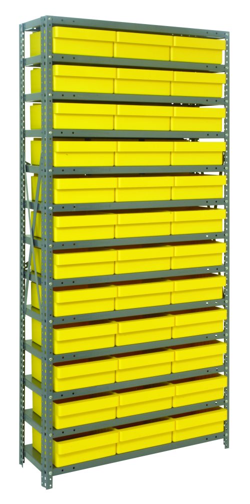 1275-801_YL.jpg The Quantum Shelving Unit, measuring 12D x 36L x 75H, has a heavy-duty frame that holds up to 400 lbs per shelf. It includes 13 shelves and comes with 36 yellow and black QED801 bins (11-5/8L x 11-1/8W x 4-5/8H), creating an efficient storage solution with sturdiness and style.