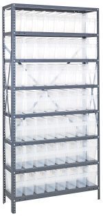 A sturdy Quantum Shelving Unit, measuring 12D x 36L x 75H, features galvanized steel supports with eight heavy-duty shelves. It holds 56 clear black QSB801 bins (11-5/8L x 4-3/8W x 8H), each allowing light to pass through; the shelves support up to a 400 lb load.