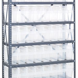 A sturdy Quantum Shelving Unit, measuring 12D x 36L x 75H, features galvanized steel supports with eight heavy-duty shelves. It holds 56 clear black QSB801 bins (11-5/8L x 4-3/8W x 8H), each allowing light to pass through; the shelves support up to a 400 lb load.