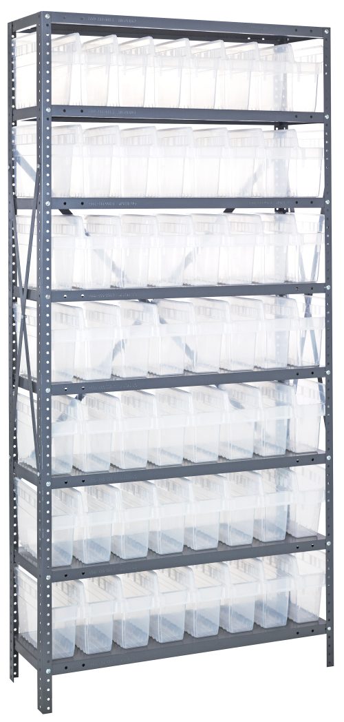 A sturdy Quantum Shelving Unit, measuring 12D x 36L x 75H, features galvanized steel supports with eight heavy-duty shelves. It holds 56 clear black QSB801 bins (11-5/8L x 4-3/8W x 8H), each allowing light to pass through; the shelves support up to a 400 lb load.