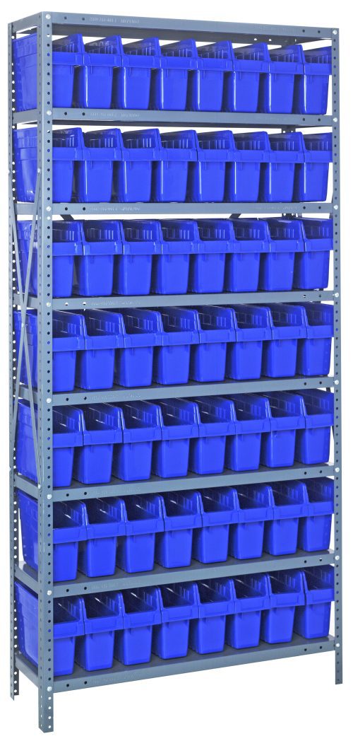 The Quantum Shelving Unit, measuring 12D x 36L x 75H with a heavy-duty galvanized steel finish, supports 400 lb. per shelf and includes (8) shelves and (56) QSB801 blue bins at 11-5/8L x 4-3/8W x 8H, providing an organized display in busy warehouse environments.