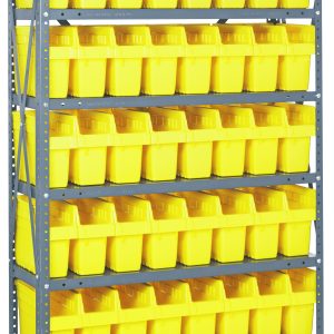 The Quantum Shelving Unit, measuring 12D x 36L x 75H, has a galvanized steel finish with an impressive 400 lb. load capacity per shelf. It includes eight shelves and comes with 56 yellow QSB801 bins for organized storage in its sturdy heavy-duty frame.