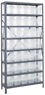 The Quantum Shelving Unit measures 12D x 36L x 75H and features eight heavy-duty shelves, each supporting up to 400 lbs. It efficiently holds four clear black Qsb802 bins per shelf, perfect for organizing any space. Made from galvanized steel, it includes uprights and crossbars.
