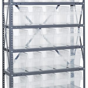 The Quantum Shelving Unit measures 12D x 36L x 75H and features eight heavy-duty shelves, each supporting up to 400 lbs. It efficiently holds four clear black Qsb802 bins per shelf, perfect for organizing any space. Made from galvanized steel, it includes uprights and crossbars.