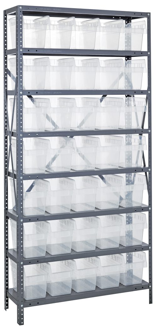 1275-802 clear The Quantum Shelving Unit measures 12D x 36L x 75H and features eight heavy-duty shelves, each supporting up to 400 lbs. It efficiently holds four clear black Qsb802 bins per shelf, perfect for organizing any space. Made from galvanized steel, it includes uprights and crossbars.