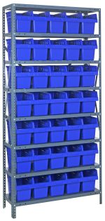 The Quantum Shelving Unit, measuring 12D x 36L x 75H, features eight heavy-duty shelves with a 400 lb. load capacity each and comes with thirty-five Qsb802 blue bins (11-5/8L x 6-5/8W x 8H). The galvanized steel finish enhances its organized appearance against a plain white background.