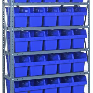 The Quantum Shelving Unit, measuring 12D x 36L x 75H, features eight heavy-duty shelves with a 400 lb. load capacity each and comes with thirty-five Qsb802 blue bins (11-5/8L x 6-5/8W x 8H). The galvanized steel finish enhances its organized appearance against a plain white background.