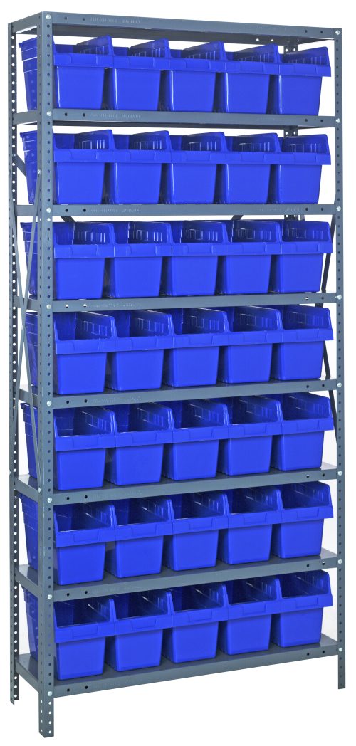 The Quantum Shelving Unit, measuring 12D x 36L x 75H, features eight heavy-duty shelves with a 400 lb. load capacity each and comes with thirty-five Qsb802 blue bins (11-5/8L x 6-5/8W x 8H). The galvanized steel finish enhances its organized appearance against a plain white background.