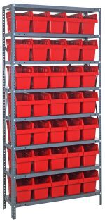 The Quantum Shelving Unit is a 12D x 36L x 75H galvanized steel freestanding unit with (8) evenly spaced shelves, each holding rows of (35) 11-5/8L x 6-5/8W x 8H (QSB802) red plastic storage bins designed for organized and heavy-duty storage.