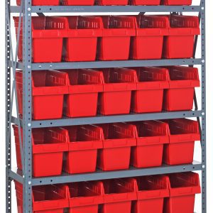 The Quantum Shelving Unit is a 12D x 36L x 75H galvanized steel freestanding unit with (8) evenly spaced shelves, each holding rows of (35) 11-5/8L x 6-5/8W x 8H (QSB802) red plastic storage bins designed for organized and heavy-duty storage.