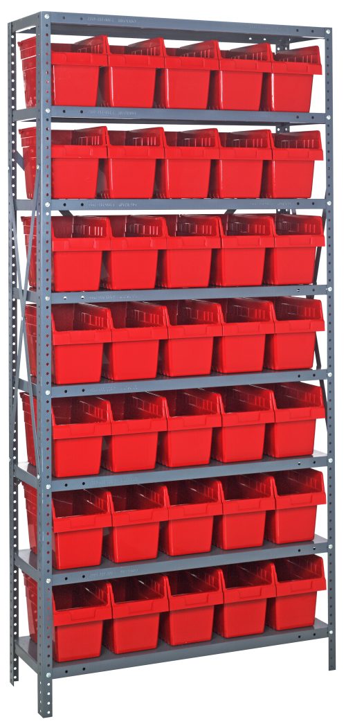 The Quantum Shelving Unit is a 12D x 36L x 75H galvanized steel freestanding unit with (8) evenly spaced shelves, each holding rows of (35) 11-5/8L x 6-5/8W x 8H (QSB802) red plastic storage bins designed for organized and heavy-duty storage.