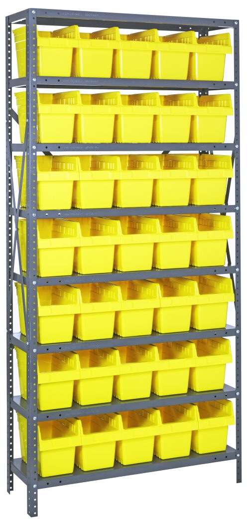 1275-802 yellow The Quantum Shelving Unit, 12D x 36L x 75H, features eight galvanized steel shelves with a 400 lb. load capacity per shelf and includes 35 QSB802 yellow bins (11-5/8L x 6-5/8W x 8H). The sleek gray design offers efficient and organized storage.