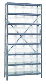 The Quantum Shelving Unit, measuring 12D x 36L x 75H, includes (8) shelves with a load capacity of 400 lbs per shelf and (28) Qsb807 clear black bins. Its galvanized steel finish and upright cross bars provide stability and durability.