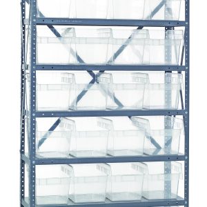 The Quantum Shelving Unit, measuring 12D x 36L x 75H, includes (8) shelves with a load capacity of 400 lbs per shelf and (28) Qsb807 clear black bins. Its galvanized steel finish and upright cross bars provide stability and durability.