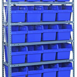 The Quantum Shelving Unit, with dimensions of 12D x 36L x 75H and a load capacity of 400 lbs per shelf, features eight shelves holding 28 QSB807 blue bins (11-5/8L x 8-3/8W x 8H). This heavy-duty shelving unit is made from galvanized steel and includes uprights and cross bars.
