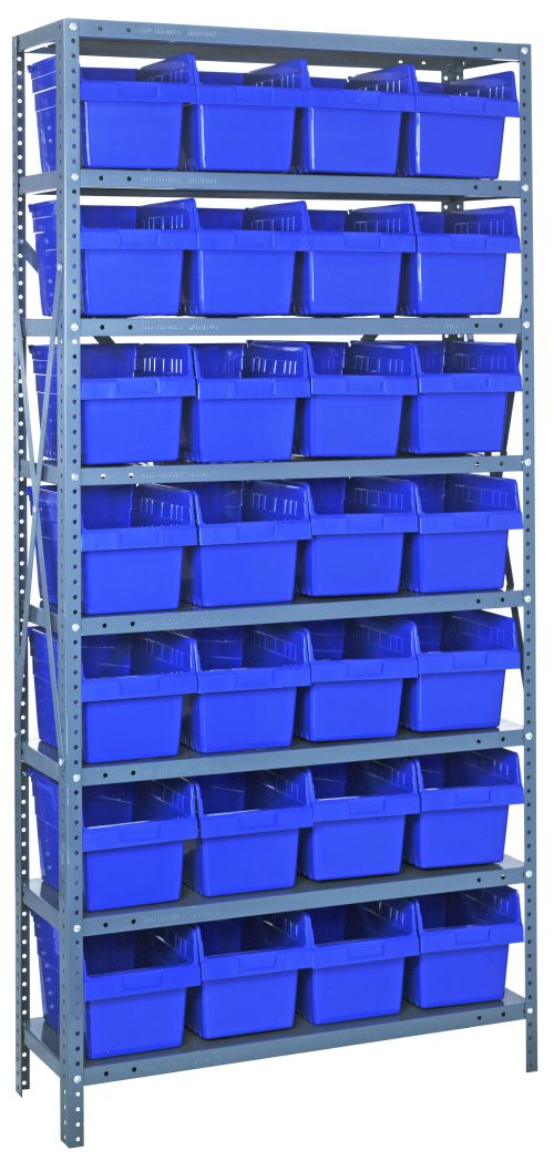 1275-807 blue The Quantum Shelving Unit, with dimensions of 12D x 36L x 75H and a load capacity of 400 lbs per shelf, features eight shelves holding 28 QSB807 blue bins (11-5/8L x 8-3/8W x 8H). This heavy-duty shelving unit is made from galvanized steel and includes uprights and cross bars.