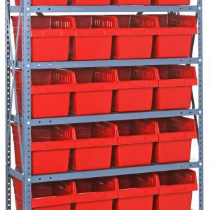 The Quantum Shelving Unit, measuring 12D x 36L x 75H, is a heavy-duty metal storage system with an impressive 400 lb. load capacity per shelf. It includes eight shelves and (28) QSB807 red black bins (11-5/8L x 8-3/8W x 8H) for organized storage. The unit features uprights and cross bars in a galvanized steel finish.