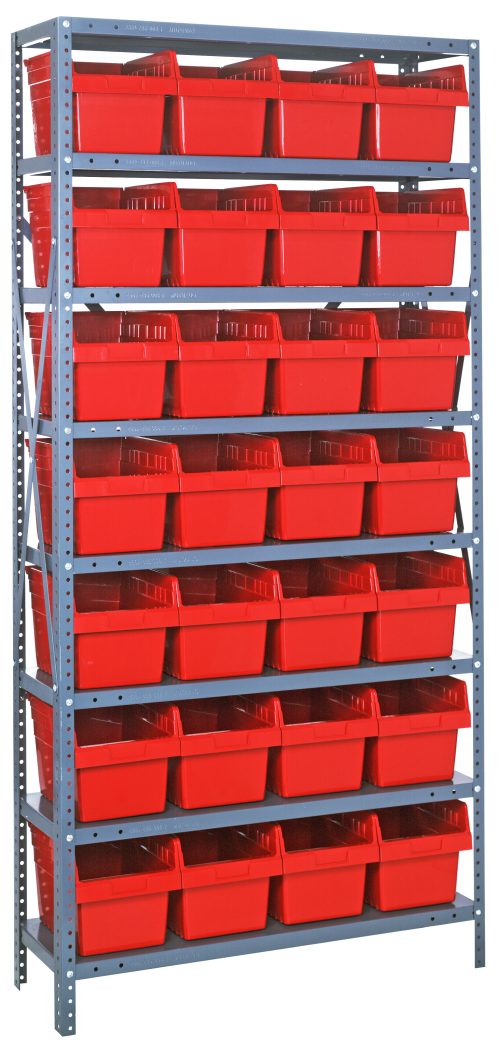 1275-807 red The Quantum Shelving Unit, measuring 12D x 36L x 75H, is a heavy-duty metal storage system with an impressive 400 lb. load capacity per shelf. It includes eight shelves and (28) QSB807 red black bins (11-5/8L x 8-3/8W x 8H) for organized storage. The unit features uprights and cross bars in a galvanized steel finish.