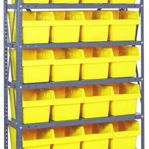 The Quantum Shelving Unit, measuring 12D x 36L x 75H, includes eight galvanized steel shelves and offers heavy-duty storage with a 400 lb. load capacity per shelf. It features a total of twenty-eight bright yellow Qsb807 bins for organized storage.