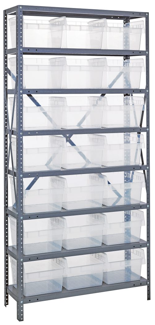 1275-809 clear The Quantum Shelving Unit, measuring 12D x 36L x 75H, features galvanized steel finish with eight shelves supporting up to 400 lbs each. It includes (21) Qsb809 clear black bins and is reinforced by uprights and cross bars for added stability.