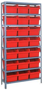 The Quantum Shelving Unit, measuring 12D x 36L x 75H, features a heavy-duty design with eight shelves, each supporting up to 400 lbs. It comes with 21 red bins (11-5/8L x 8-3/8W x 8H) and offers organized storage space against a plain background.