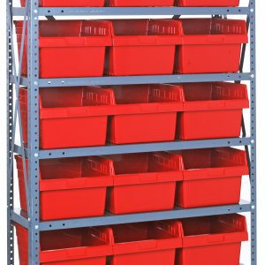 The Quantum Shelving Unit, measuring 12D x 36L x 75H, features a heavy-duty design with eight shelves, each supporting up to 400 lbs. It comes with 21 red bins (11-5/8L x 8-3/8W x 8H) and offers organized storage space against a plain background.