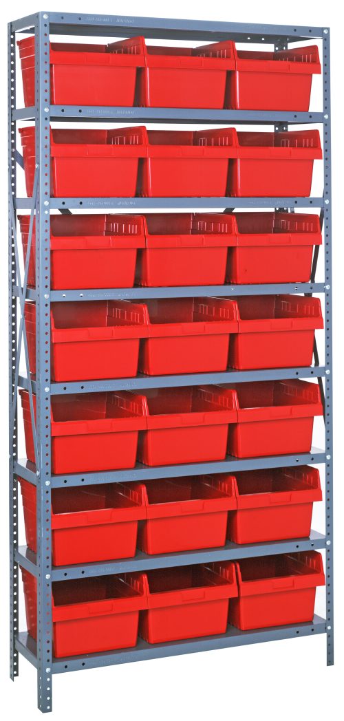 The Quantum Shelving Unit, measuring 12D x 36L x 75H, features a heavy-duty design with eight shelves, each supporting up to 400 lbs. It comes with 21 red bins (11-5/8L x 8-3/8W x 8H) and offers organized storage space against a plain background.