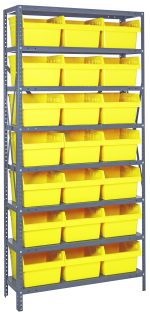 The Quantum Shelving Unit, measuring 12D x 36L x 75H, comprises eight heavy-duty shelves (400 lb capacity each) and neatly organizes 21 yellow black QSB809 bins (11-5/8L x 8-3/8W x 8H) in rows. Its sleek design features galvanized steel uprights and crossbars.