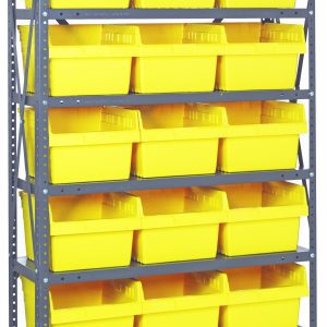 The Quantum Shelving Unit, measuring 12D x 36L x 75H, comprises eight heavy-duty shelves (400 lb capacity each) and neatly organizes 21 yellow black QSB809 bins (11-5/8L x 8-3/8W x 8H) in rows. Its sleek design features galvanized steel uprights and crossbars.