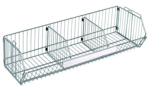 The Quantum Modular Wire Stacking Basket, measuring 36W x 14D x 9H and featuring a chrome plated finish, includes three compartments, a front label holder, and can be mounted. NSF certified, it supports up to 110 lbs., ideal for secure organization.