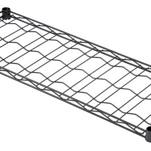 The Quantum Wine Cradle Shelf, measuring 36W x 14D, features a sleek black grid pattern with a black epoxy antimicrobial finish. Its designed with four sturdy corner posts, making it ideal for supporting or stacking and can hold up to nine bottles seamlessly.