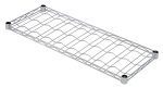 The Quantum Wine Cradle Shelf, measuring 36W x 14D, features a chrome-plated finish with an open grid design on four corner posts. This elevated metal wire shelf securely holds up to nine bottles.