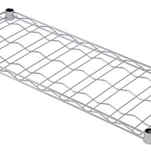 The Quantum Wine Cradle Shelf, measuring 36W x 14D, features a chrome-plated finish with an open grid design on four corner posts. This elevated metal wire shelf securely holds up to nine bottles.