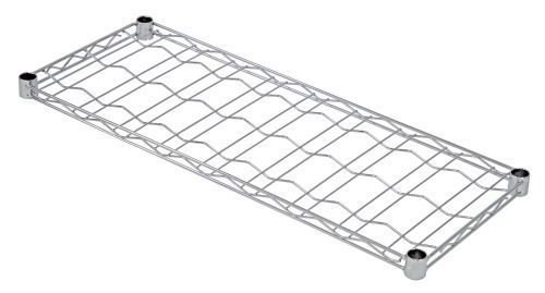The Quantum Wine Cradle Shelf, measuring 36W x 14D, features a chrome-plated finish with an open grid design on four corner posts. This elevated metal wire shelf securely holds up to nine bottles.