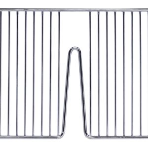 The Quantum Partition Wall Divider, Square, with a chrome-plated finish and dimensions of 16W x 6H, features evenly spaced vertical bars and convenient side handles for lifting. It includes a central bottom notch for easy placement and can elegantly divide spaces against a white background.