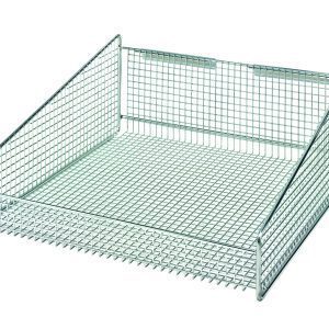 The Quantum Partition Wall Hanging Basket features a chrome-plated mesh design with slightly raised sides, perfect for organizing papers. It measures 17-7/8W x 18D x 7-1/2H and holds up to 125 lbs, shown on a white background.