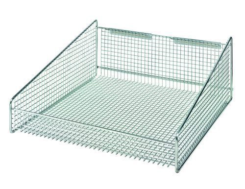 HBC 1617 The Quantum Partition Wall Hanging Basket features a chrome-plated mesh design with slightly raised sides, perfect for organizing papers. It measures 17-7/8W x 18D x 7-1/2H and holds up to 125 lbs, shown on a white background.