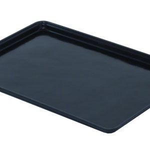 The Quantum Tray, a sleek 26W x 18D black rectangle, features slightly raised edges and a smooth, reflective surface that elegantly contrasts against a plain white background.