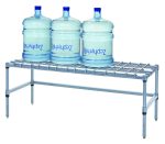 Three large water jugs rest on a Quantum Dunnage Rack, measuring 36W x 18D x 14H. This gray epoxy antimicrobial modular rack has a tubular frame and adjustable feet with a removable wire top mat. The clear jugs have blue caps and branding, making them ideal for any space.