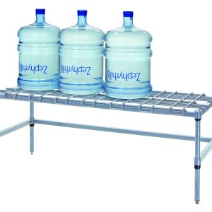 Three large water jugs rest on a Quantum Dunnage Rack, measuring 36W x 18D x 14H. This gray epoxy antimicrobial modular rack has a tubular frame and adjustable feet with a removable wire top mat. The clear jugs have blue caps and branding, making them ideal for any space.