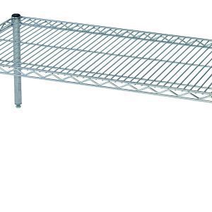 The Quantum Platform Rack has a chrome-plated finish, measures 36W x 18D x 14H, and features a single shelf with adjustable cylindrical legs, grid-like design, and a label on one side. This sturdy and functional metal wire shelving unit supports between 600-800 lbs.