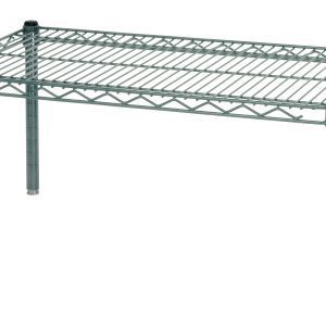 The Quantum Platform Rack, measuring 36W x 18D x 14H, boasts a green epoxy antimicrobial finish and a grid-like metal surface. Its simple, utilitarian design provides sturdy support on four legs with a capacity of 600 - 800 lbs., ideal for storage and organization.