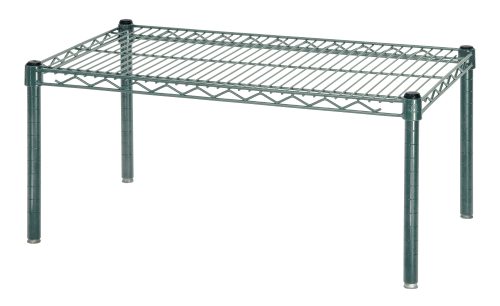 The Quantum Platform Rack, measuring 36W x 18D x 14H, boasts a green epoxy antimicrobial finish and a grid-like metal surface. Its simple, utilitarian design provides sturdy support on four legs with a capacity of 600 - 800 lbs., ideal for storage and organization.
