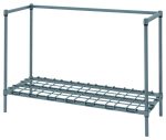 The Quantum Dunnage Rack features a single wire shelf with a 3-sided frame, supported by four 34 posts. Its rectangular, slightly elevated, and ideal for efficient item organization or storage with its simple industrial design. The rack measures 36W x 18D x 34H and has a gray epoxy antimicrobial finish.