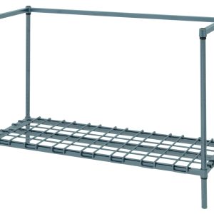 The Quantum Dunnage Rack features a single wire shelf with a 3-sided frame, supported by four 34 posts. Its rectangular, slightly elevated, and ideal for efficient item organization or storage with its simple industrial design. The rack measures 36W x 18D x 34H and has a gray epoxy antimicrobial finish.