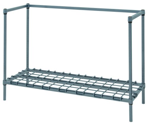 The Quantum Dunnage Rack features a single wire shelf with a 3-sided frame, supported by four 34 posts. Its rectangular, slightly elevated, and ideal for efficient item organization or storage with its simple industrial design. The rack measures 36W x 18D x 34H and has a gray epoxy antimicrobial finish.