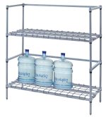 The Quantum Tank and Beverage Container Dunnage Rack, a modular wire shelving unit with two tiers (36W x 18D x 54H), features sturdy dunnage shelves. The bottom holds three large water jugs, while the empty top tier awaits versatile storage. It has a gray epoxy antimicrobial finish and NSF certification.