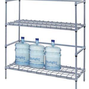 The Quantum Tank and Beverage Container Dunnage Rack, a modular wire shelving unit with two tiers (36W x 18D x 54H), features sturdy dunnage shelves. The bottom holds three large water jugs, while the empty top tier awaits versatile storage. It has a gray epoxy antimicrobial finish and NSF certification.