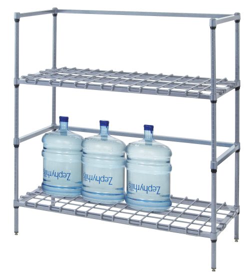 The Quantum Tank and Beverage Container Dunnage Rack, a modular wire shelving unit with two tiers (36W x 18D x 54H), features sturdy dunnage shelves. The bottom holds three large water jugs, while the empty top tier awaits versatile storage. It has a gray epoxy antimicrobial finish and NSF certification.
